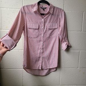 Express Striped Button Down The City Shirt - Pink and White